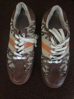 Michael Kors MK Brown and Orange-Trim Monogram Slip-On Sneakers Size 8.5